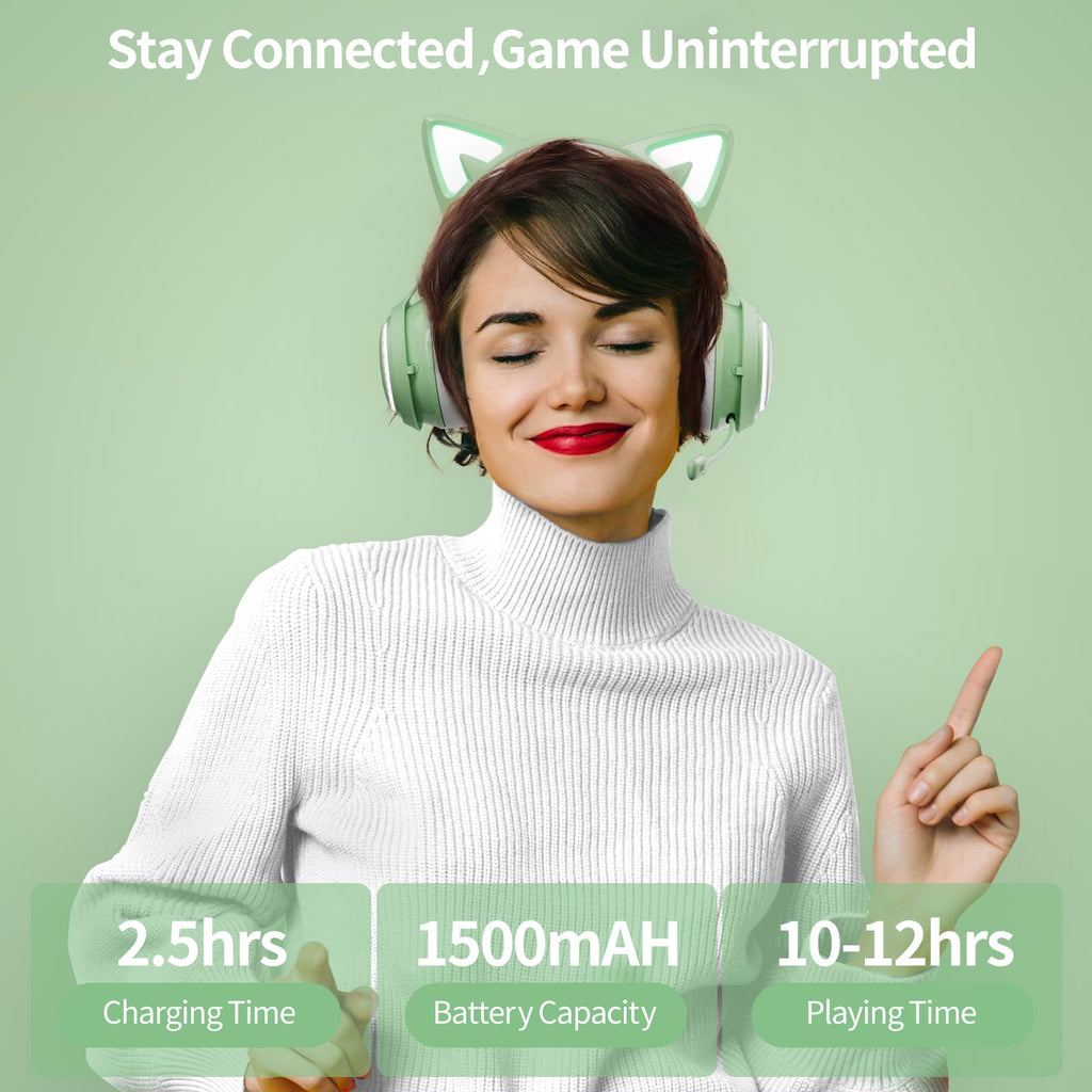 Wireless Cat Ear Headphones, Pink Gaming Headset Bluetooth 5.0 for Smartphone, Retractable Mic, 50mm Drivers, RGB Lighting Headset with Mic (USB Dongle Not Included)