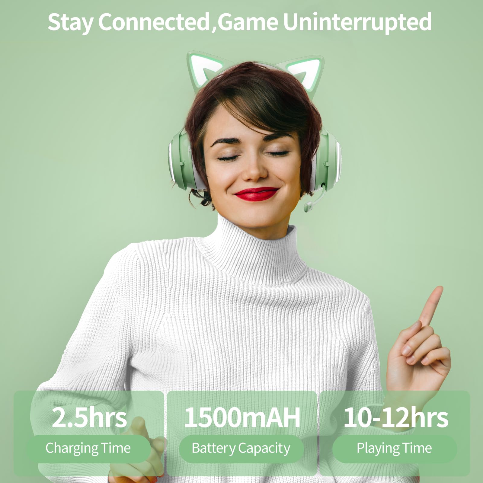 Wireless Cat Ear Headphones, Pink Gaming Headset Bluetooth 5.0 for Smartphone, Retractable Mic, 50mm Drivers, RGB Lighting Headset with Mic (USB Dongle Not Included)