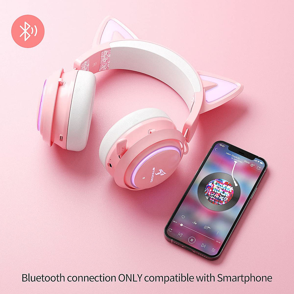 Wireless Cat Ear Headphones, Pink Gaming Headset Bluetooth 5.0 for Smartphone, Retractable Mic, 50mm Drivers, RGB Lighting Headset with Mic (USB Dongle Not Included)