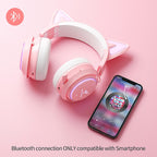 Wireless Cat Ear Headphones, Pink Gaming Headset Bluetooth 5.0 for Smartphone, Retractable Mic, 50mm Drivers, RGB Lighting Headset with Mic (USB Dongle Not Included)