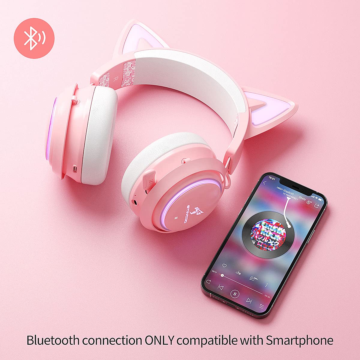Wireless Cat Ear Headphones, Pink Gaming Headset Bluetooth 5.0 for Smartphone, Retractable Mic, 50mm Drivers, RGB Lighting Headset with Mic (USB Dongle Not Included)
