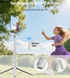 TONEOF 68" Magnetic Selfie Stick Tripod with Aluminum Strong Magnetic Holder for Magsafe, 360° Rotatable Travel Phone Tripod Stand with Metal Ring & Rechargeable Remote for iPhone/Android(Beige Gray)