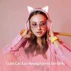 Wireless Cat Ear Headphones, Pink Gaming Headset Bluetooth 5.0 for Smartphone, Retractable Mic, 50mm Drivers, RGB Lighting Headset with Mic (USB Dongle Not Included)