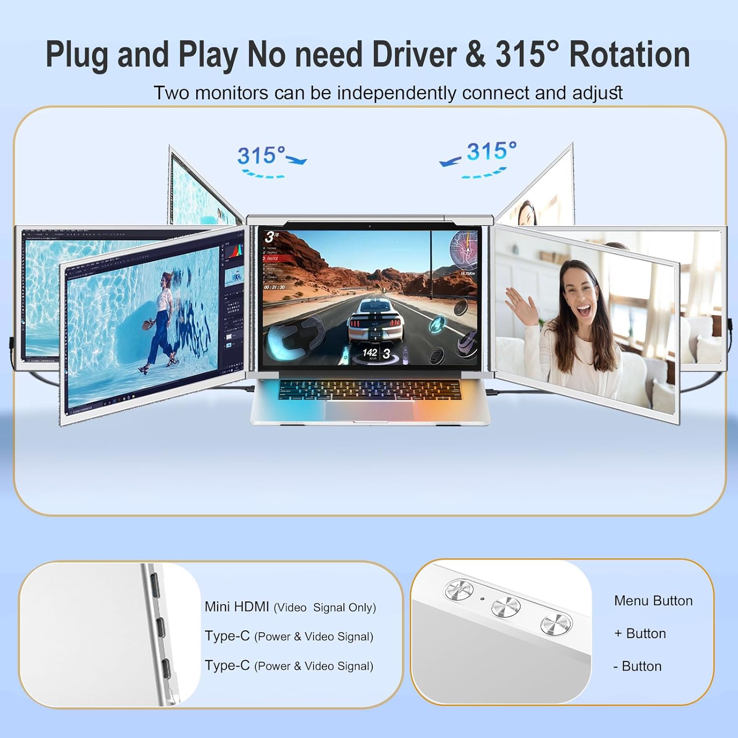 Laptop Screen Extender, 14" 1080P FHD Triple Monitor for Laptop Extension- 315°Rotate Portable Dual Monitor Screen for 13.3-16.5" Laptops Type-C/HDMI/USB-A Plug & Play for Wins/Mac/Chro