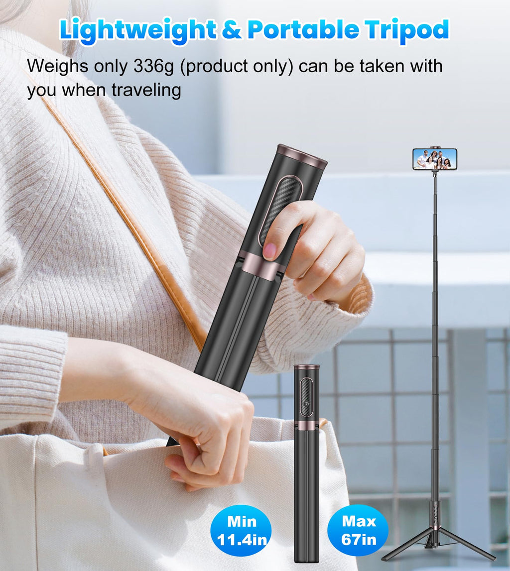 TONEOF 68" Magnetic Selfie Stick Tripod with Aluminum Strong Magnetic Holder for Magsafe, 360° Rotatable Travel Phone Tripod Stand with Metal Ring & Rechargeable Remote for iPhone/Android(Beige Gray)