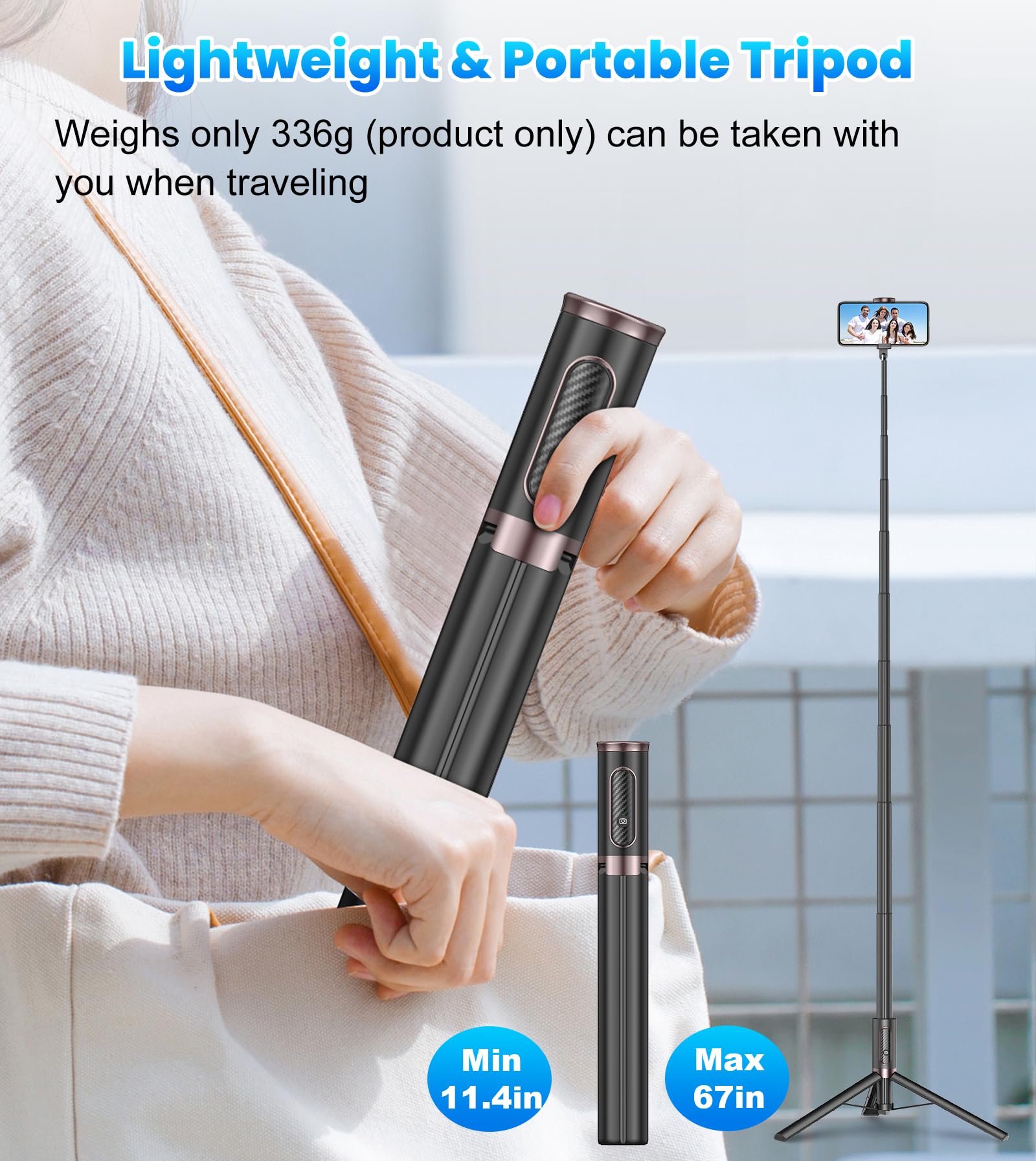 TONEOF 68" Magnetic Selfie Stick Tripod with Aluminum Strong Magnetic Holder for Magsafe, 360° Rotatable Travel Phone Tripod Stand with Metal Ring & Rechargeable Remote for iPhone/Android(Beige Gray)