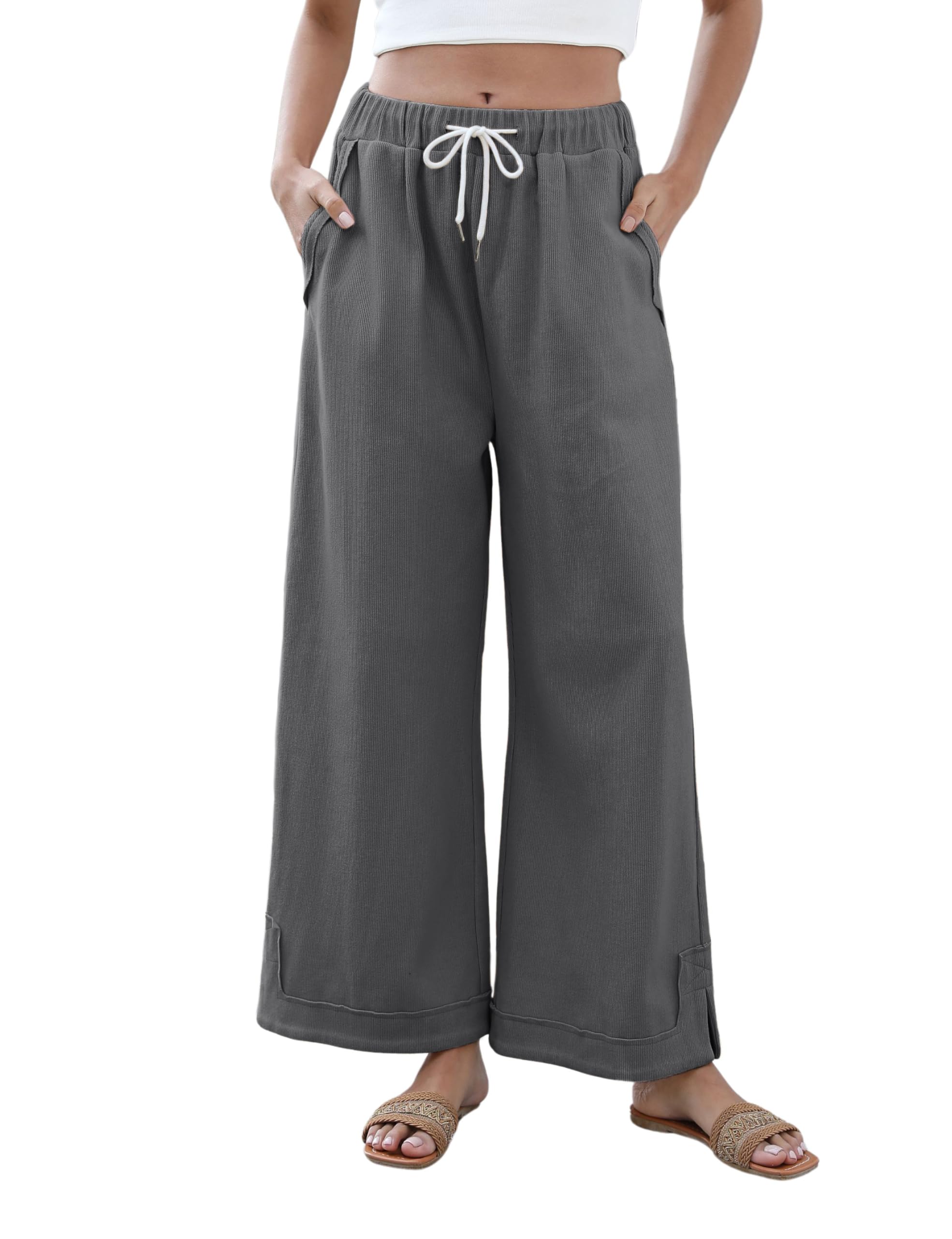 Athlisan Womens Baggy Wide Leg Palazzo Pants Casual Loose Drawstring Elastic Waisted Lounge Trousers with Pockets