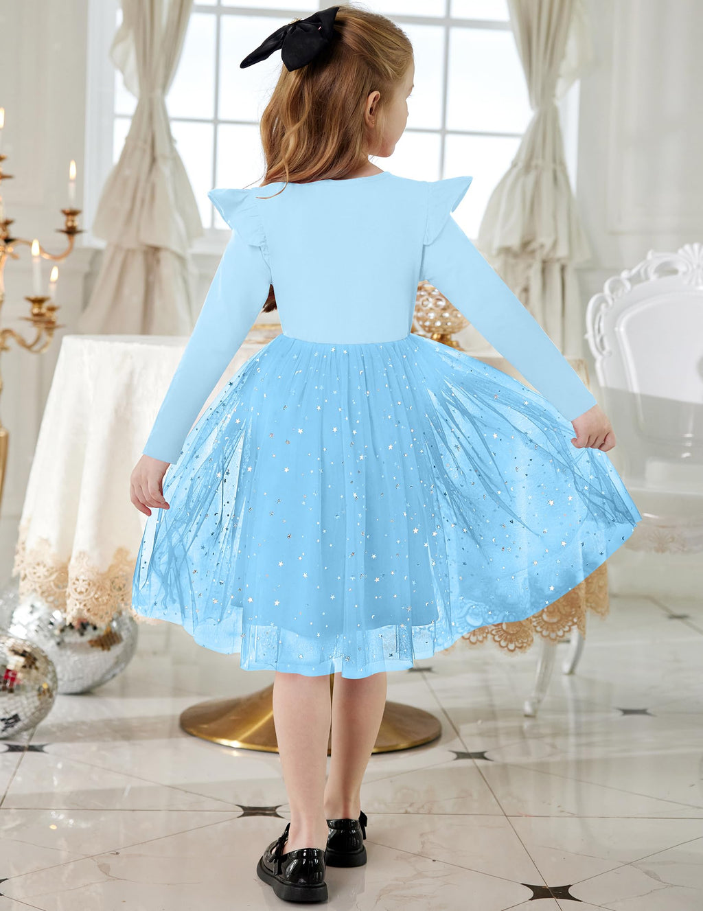 Arshiner Toddler Girls Tutu Dresses Long Sleeve Ruffle Fall Winter Holiday Star Sequin Tulle Dress 2-6Y
