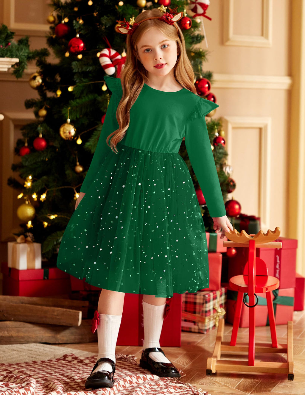 Arshiner Toddler Girls Tutu Dresses Long Sleeve Ruffle Fall Winter Holiday Star Sequin Tulle Dress 2-6Y