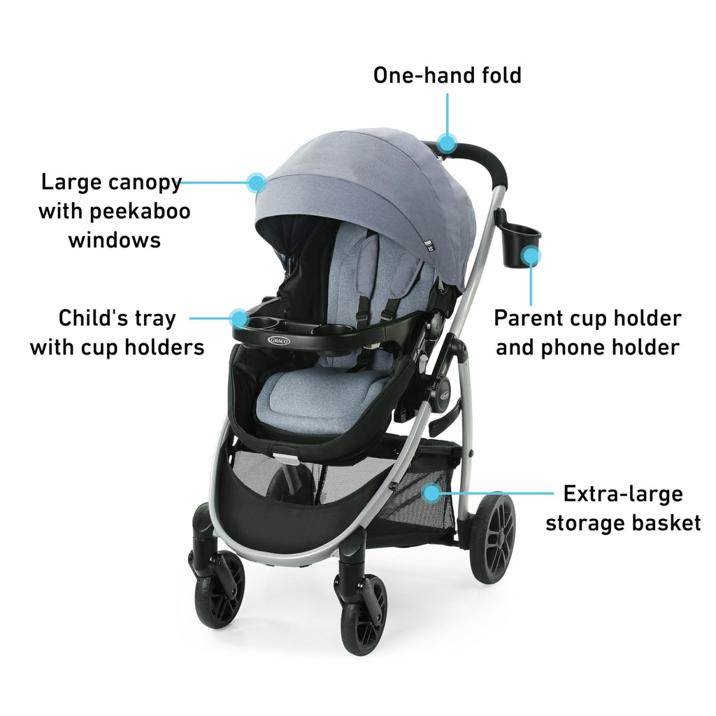 Graco Modes Pramette Travel System, 3-in1 Modular Carseat Stroller Combo, Infant Car Seat Carrier to Toddler Stroller, Includes the SnugRide 35 Car Seat, Ellington