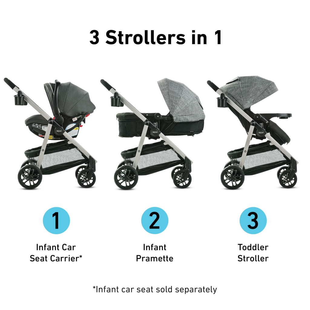 Graco Modes Pramette Travel System, 3-in1 Modular Carseat Stroller Combo, Infant Car Seat Carrier to Toddler Stroller, Includes the SnugRide 35 Car Seat, Ellington