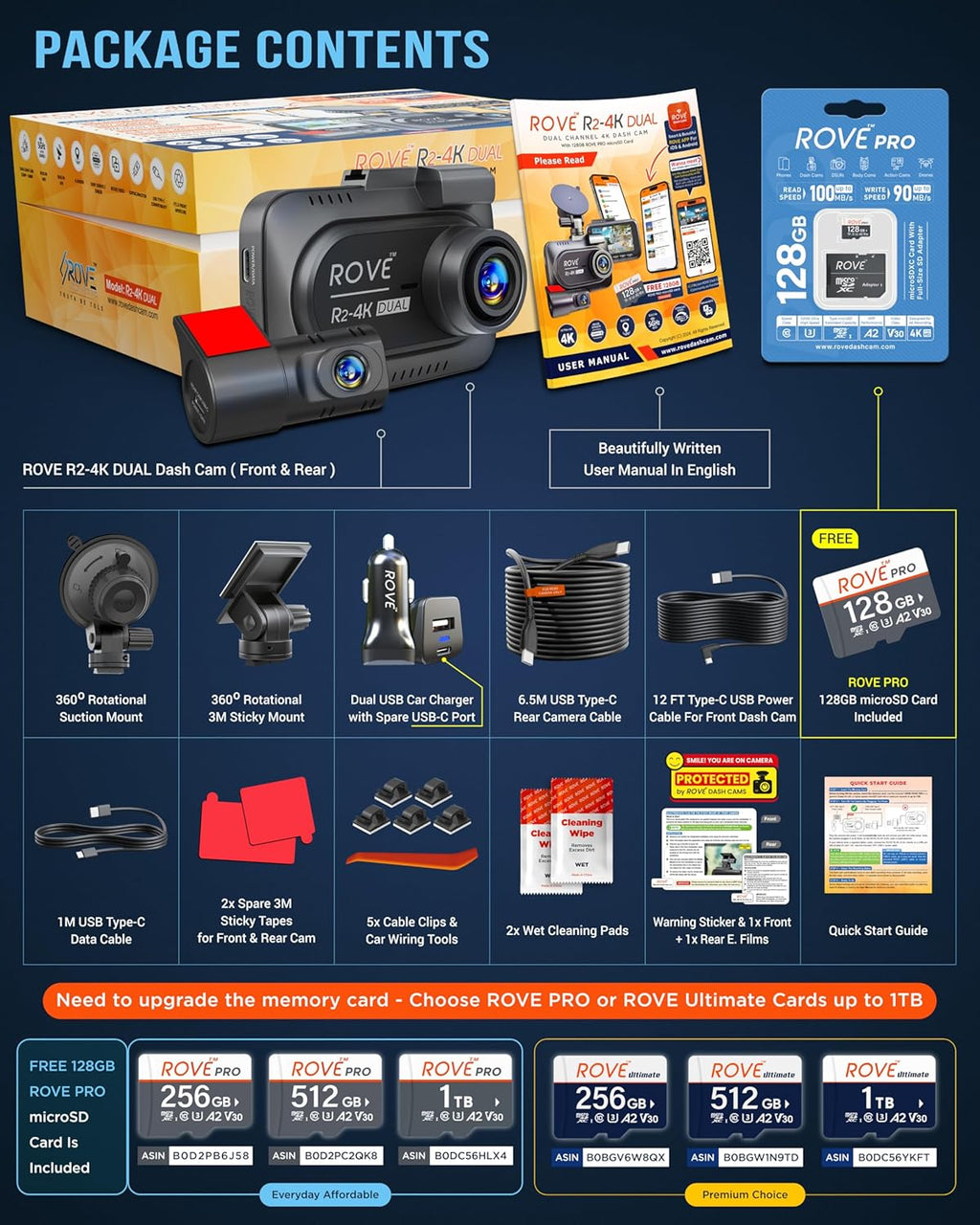 ROVE R2-4K DUAL Dash Cam Front and Rear, STARVIS 2 Sensor, FREE 128GB Card Included, 5G WiFi - up to 20MB/s Fastest Download Speed with App, 4K 2160P/FHD Dash Camera for Cars, 3" IPS, 24H Parking Mode