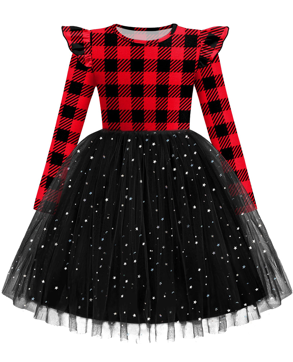 Arshiner Toddler Girls Tutu Dresses Long Sleeve Ruffle Fall Winter Holiday Star Sequin Tulle Dress 2-6Y