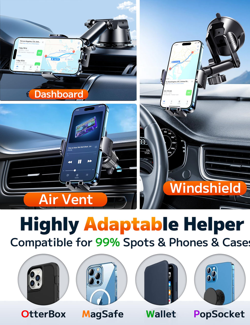 Qifutan Dash Mounted Phone Holders for Your Car Dash Phone Mount for Car Dashboard Air Vent Multi-Mount 3 in 1 Vehicle Windshield Holder Compatible Multi-Device Clip