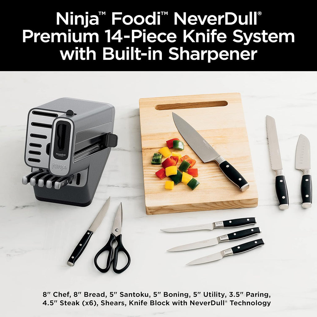 Ninja Knife Set, Knife Sharpener, Knife Block Set, Stainless Steel Knives, 14 Piece Set, Steak Knives, Chef Knives and More, Foodi NeverDull, Black, K32014