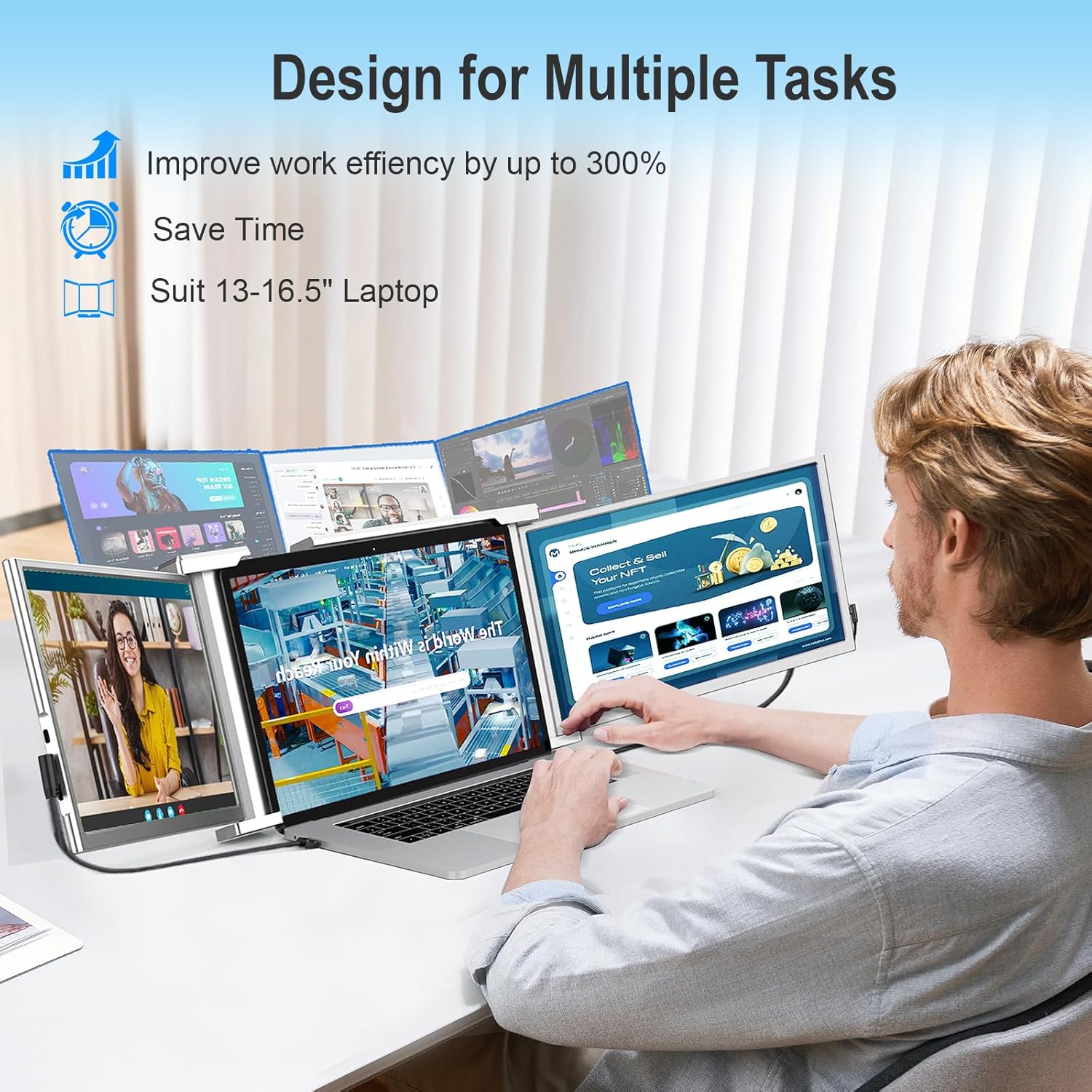 Laptop Screen Extender, 14" 1080P FHD Triple Monitor for Laptop Extension- 315°Rotate Portable Dual Monitor Screen for 13.3-16.5" Laptops Type-C/HDMI/USB-A Plug & Play for Wins/Mac/Chro