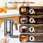 Milk Frother, 4 in 1 Milk Frother and Steamer with Two Whisks, Frothing Whisk and Heating Whisk, Automatic Warm and Cold Foam Maker for Coffee Latte Cappuccino Macchiato Hot Chocolate Matcha