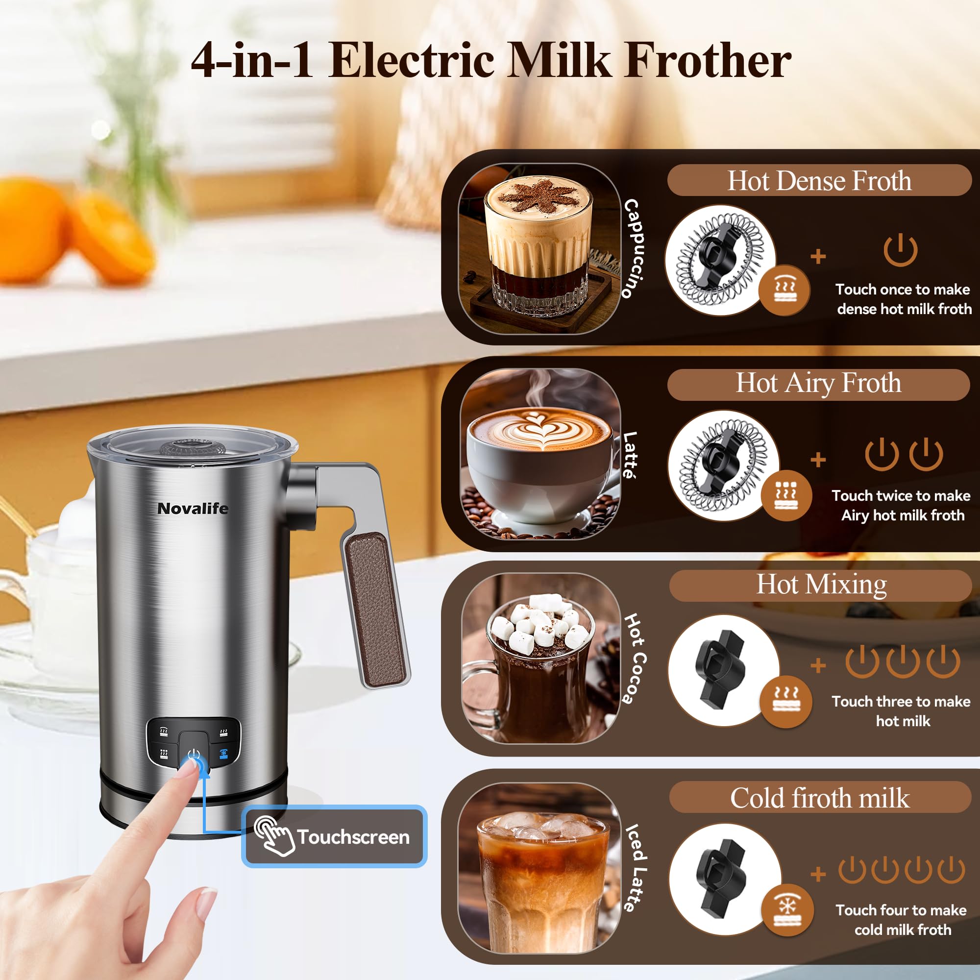 Milk Frother, 4 in 1 Milk Frother and Steamer with Two Whisks, Frothing Whisk and Heating Whisk, Automatic Warm and Cold Foam Maker for Coffee Latte Cappuccino Macchiato Hot Chocolate Matcha