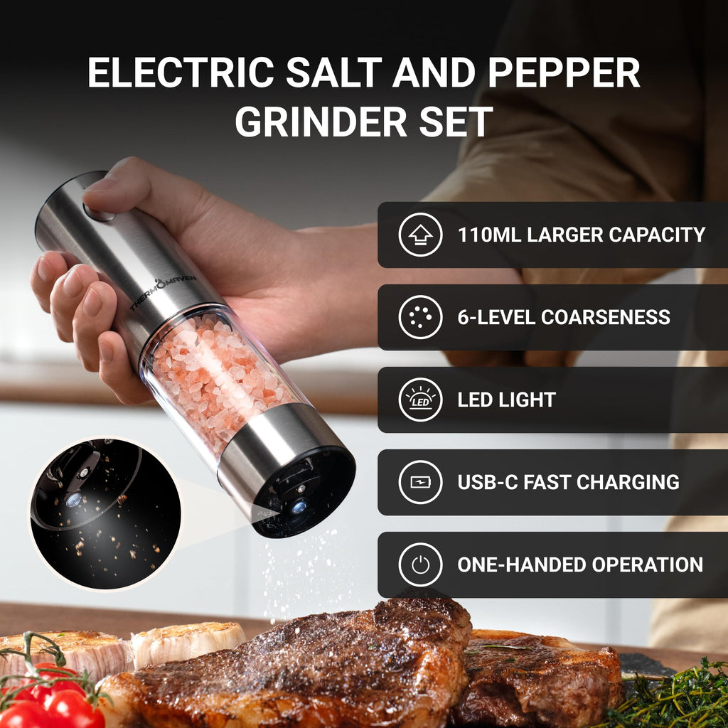 ThermoMaven Upgraded Larger Capacity Electric Salt and Pepper Grinder Set, 110ml Rechargeable Salt and Pepper Shaker with LED light, Stainless Steel Automatic Pepper Mill with 6 Adjustable Coarseness