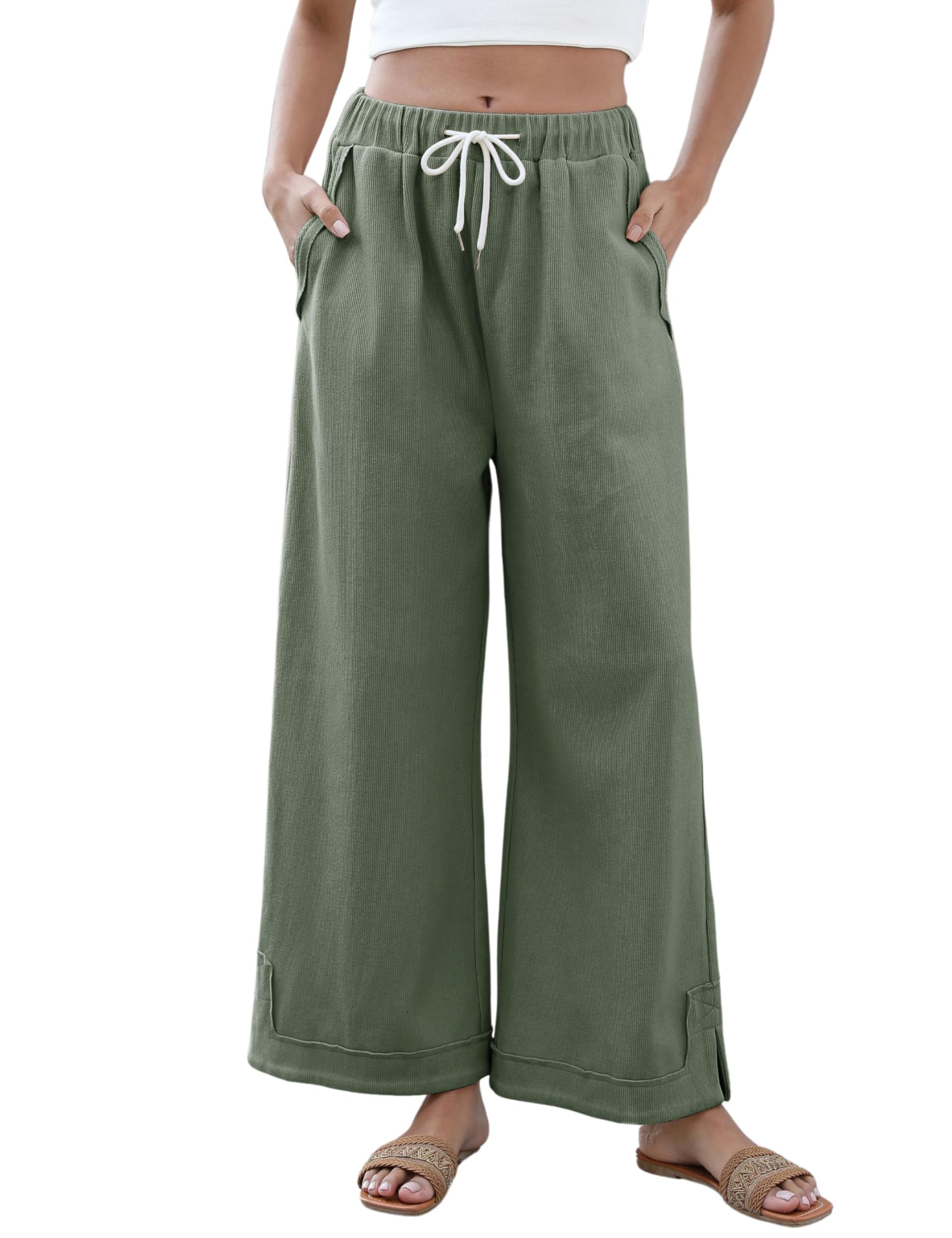 Athlisan Womens Baggy Wide Leg Palazzo Pants Casual Loose Drawstring Elastic Waisted Lounge Trousers with Pockets