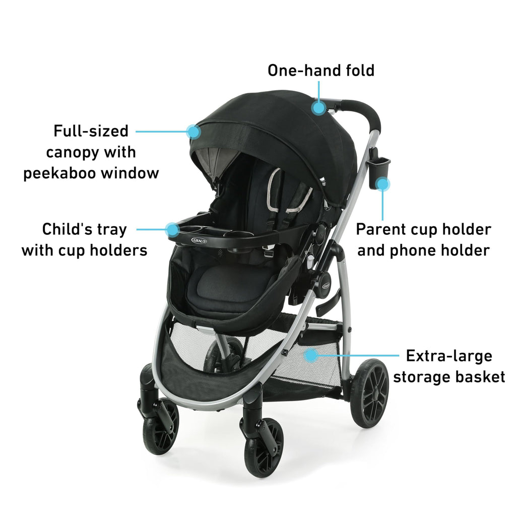 Graco Modes Pramette Travel System, 3-in1 Modular Carseat Stroller Combo, Infant Car Seat Carrier to Toddler Stroller, Includes the SnugRide 35 Car Seat, Ellington