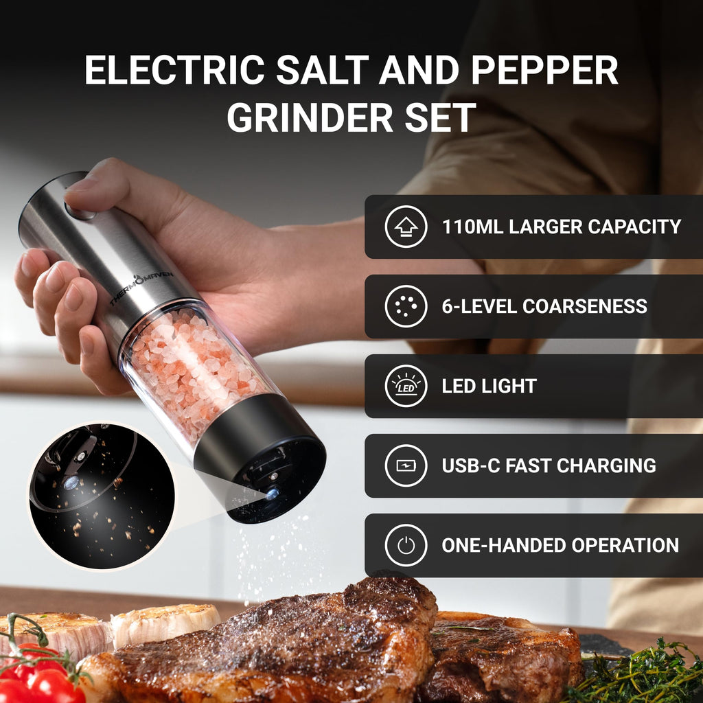 ThermoMaven Upgraded Larger Capacity Electric Salt and Pepper Grinder Set, 110ml Rechargeable Salt and Pepper Shaker with LED light, Stainless Steel Automatic Pepper Mill with 6 Adjustable Coarseness