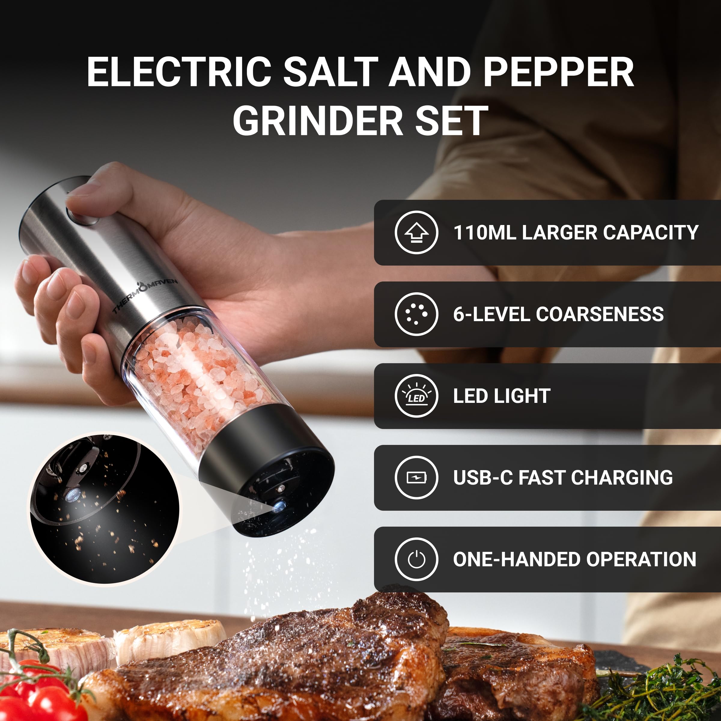 ThermoMaven Upgraded Larger Capacity Electric Salt and Pepper Grinder Set, 110ml Rechargeable Salt and Pepper Shaker with LED light, Stainless Steel Automatic Pepper Mill with 6 Adjustable Coarseness