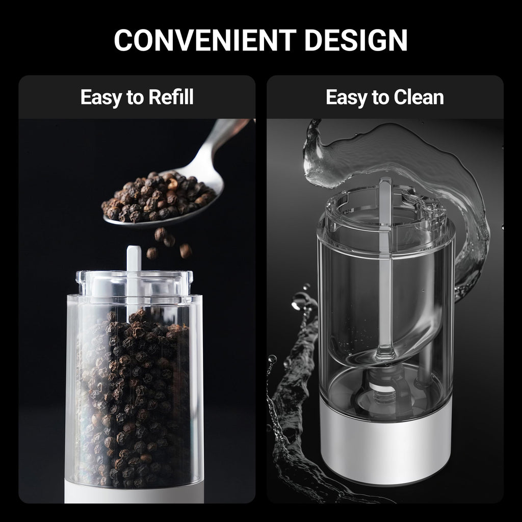 ThermoMaven Upgraded Larger Capacity Electric Salt and Pepper Grinder Set, 110ml Rechargeable Salt and Pepper Shaker with LED light, Stainless Steel Automatic Pepper Mill with 6 Adjustable Coarseness