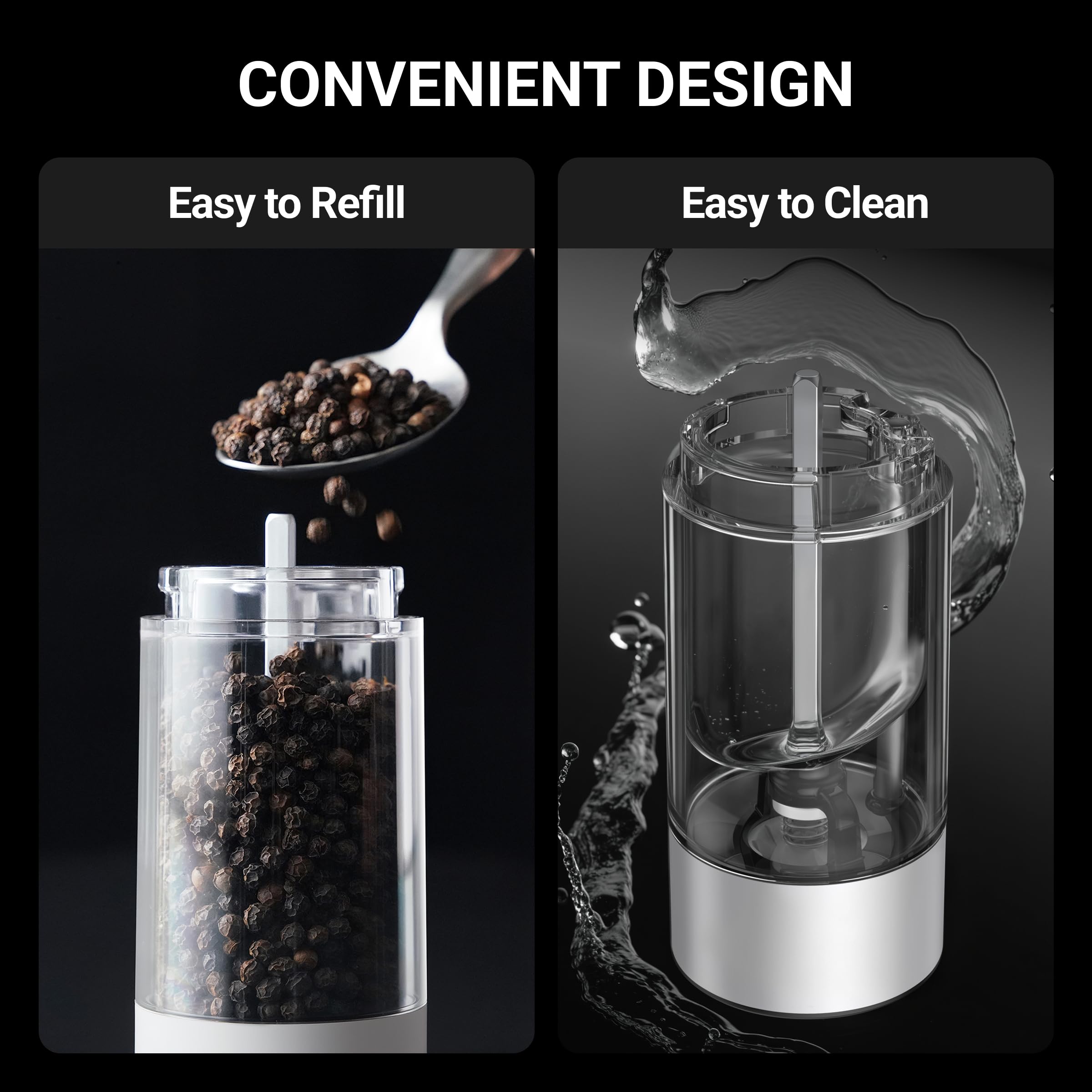 ThermoMaven Upgraded Larger Capacity Electric Salt and Pepper Grinder Set, 110ml Rechargeable Salt and Pepper Shaker with LED light, Stainless Steel Automatic Pepper Mill with 6 Adjustable Coarseness