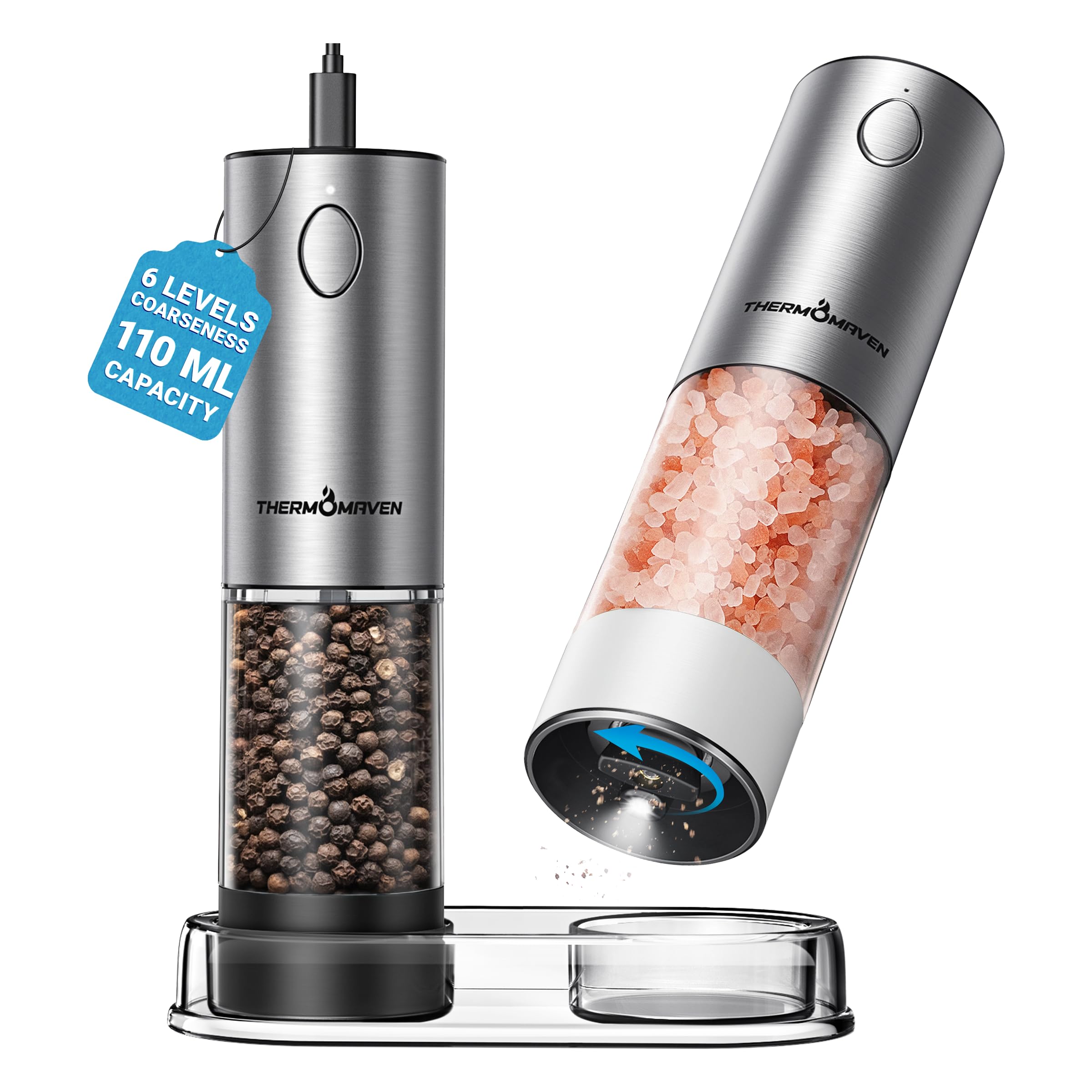 ThermoMaven Upgraded Larger Capacity Electric Salt and Pepper Grinder Set, 110ml Rechargeable Salt and Pepper Shaker with LED light, Stainless Steel Automatic Pepper Mill with 6 Adjustable Coarseness