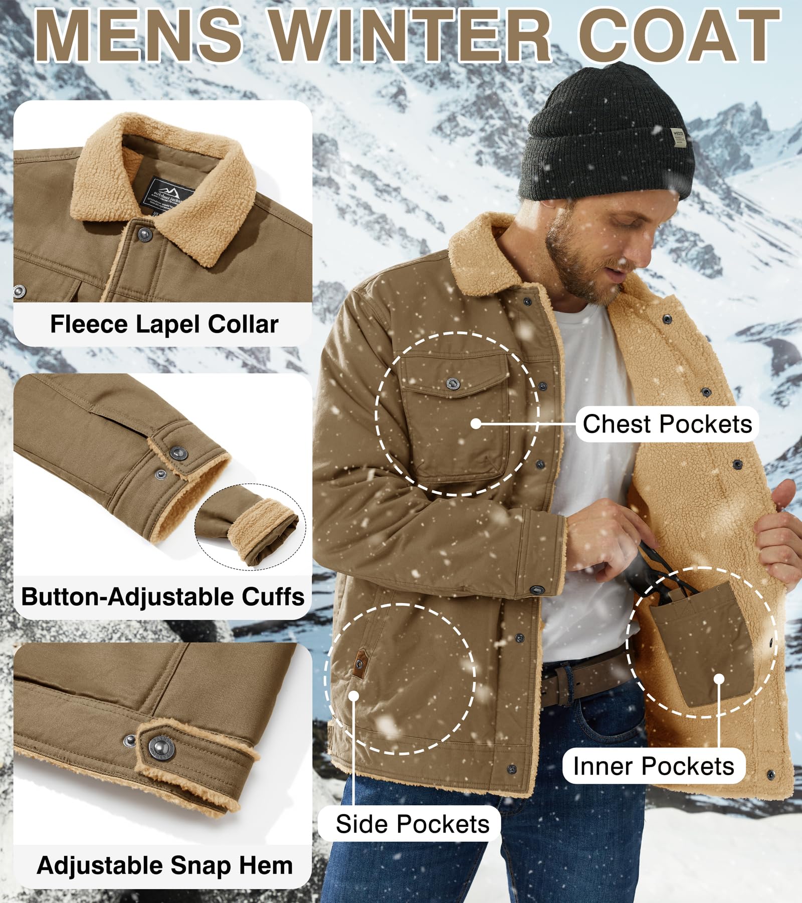 EKLENTSON Men's Winter Jacket Thick Thermal Cotton Warm Fleece Lined Coat Trucker Lapel Work Cargo Jackets for Men