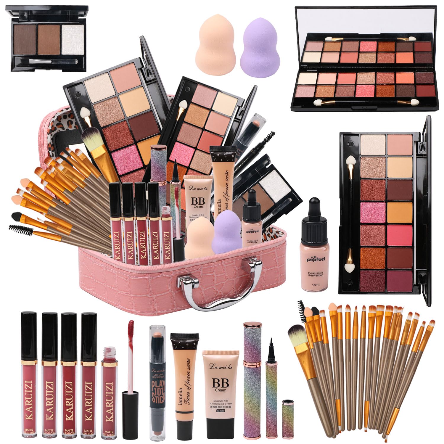 All in One Makeup Kit - 2X14 Eyeshadow Palette, Liquid Foundation, Eyeliner Pencils, Contouring Stick, Lip Gloss, 20Pcs Makeup Brushes (Black)