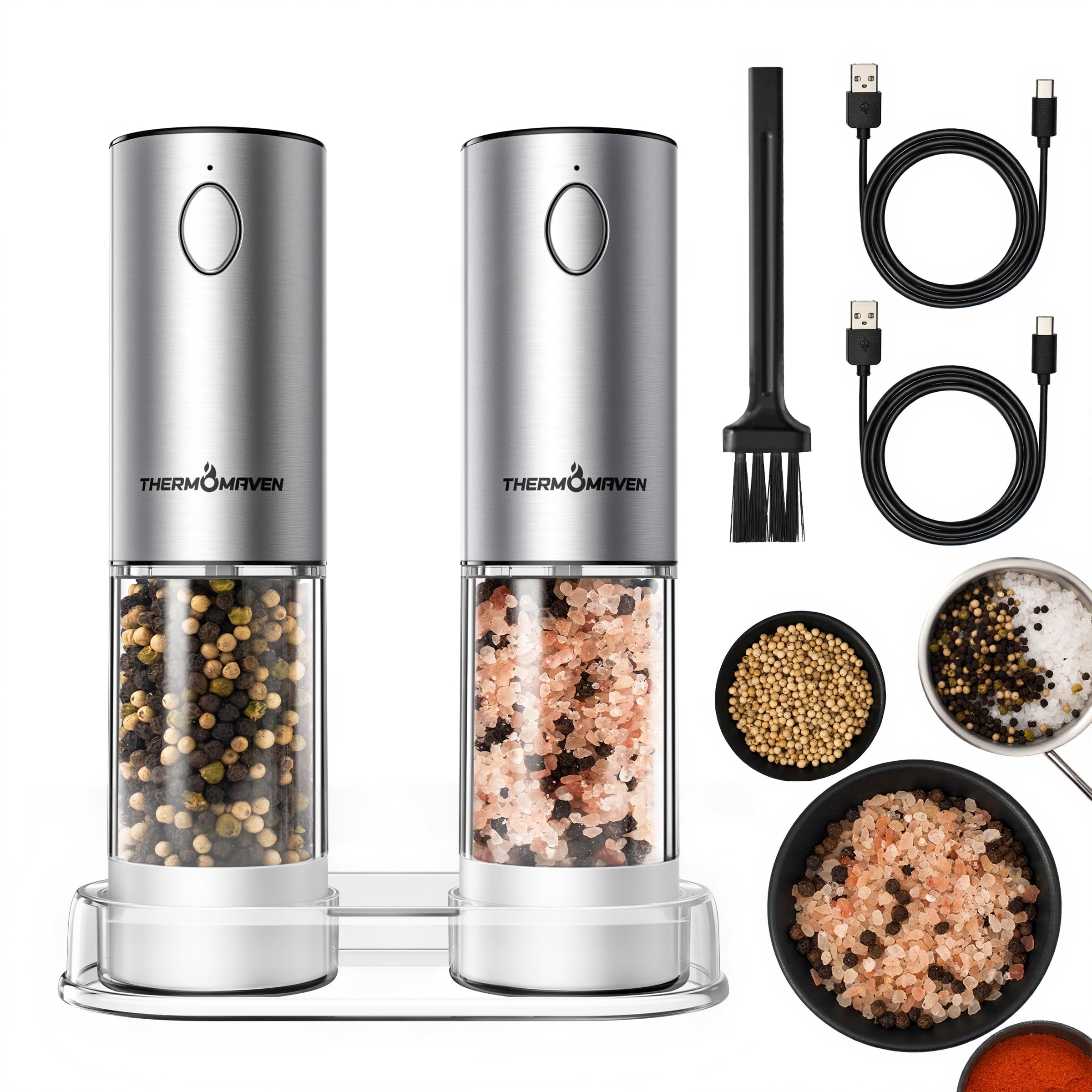 ThermoMaven Upgraded Larger Capacity Electric Salt and Pepper Grinder Set, 110ml Rechargeable Salt and Pepper Shaker with LED light, Stainless Steel Automatic Pepper Mill with 6 Adjustable Coarseness