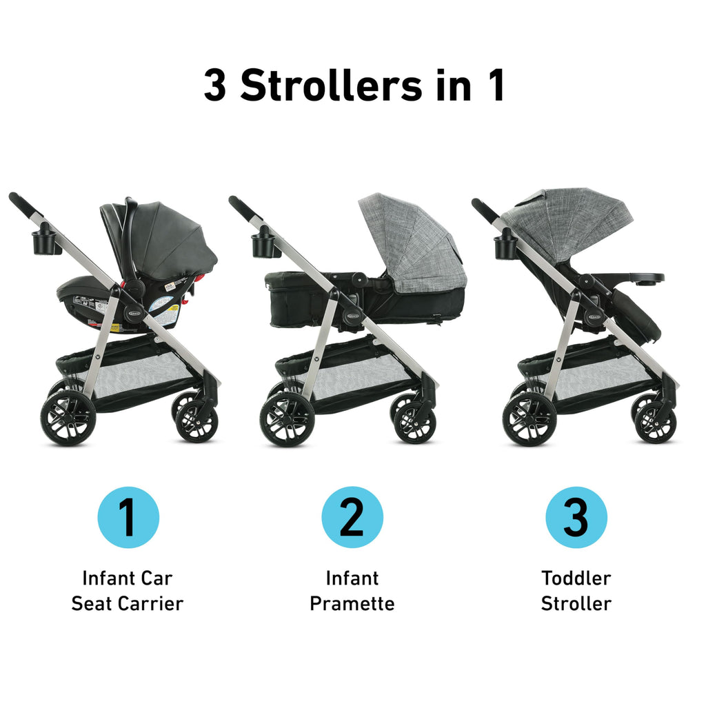 Graco Modes Pramette Travel System, 3-in1 Modular Carseat Stroller Combo, Infant Car Seat Carrier to Toddler Stroller, Includes the SnugRide 35 Car Seat, Ellington