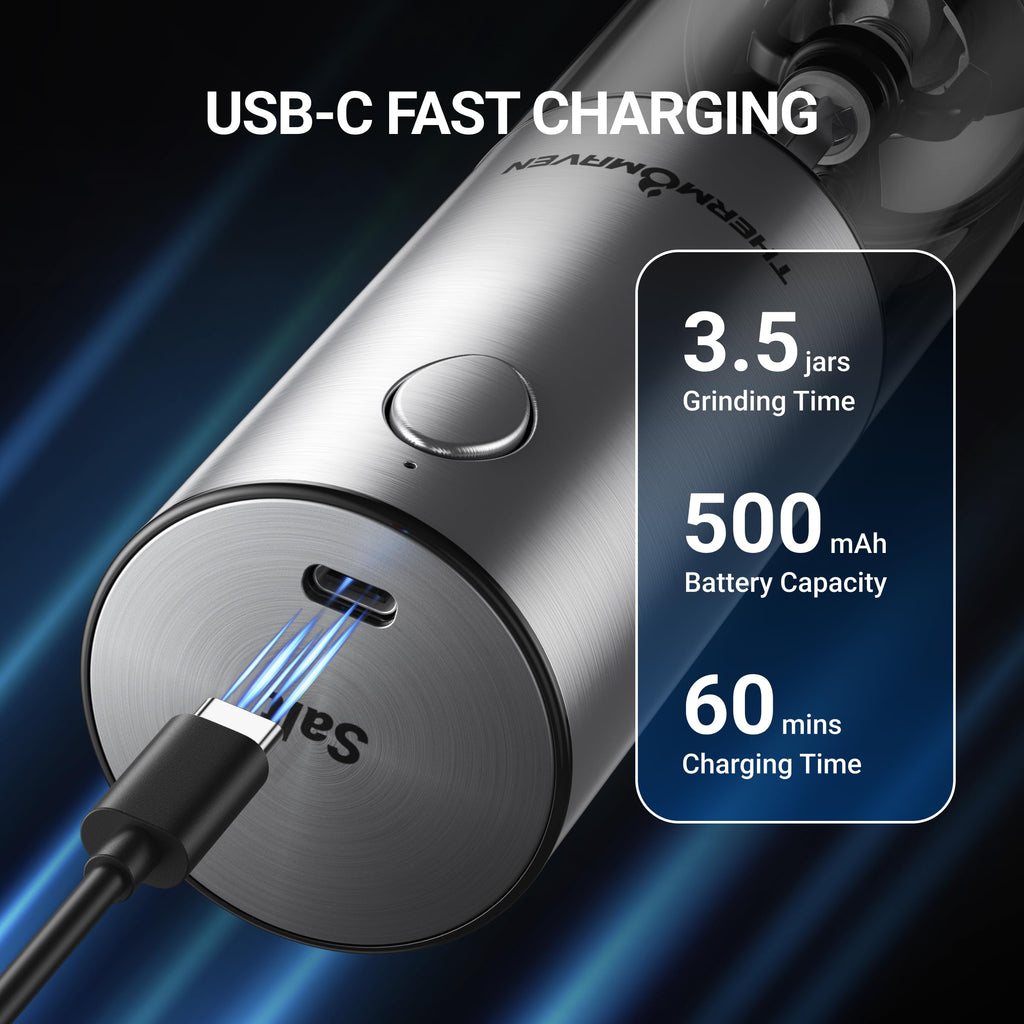 ThermoMaven Upgraded Larger Capacity Electric Salt and Pepper Grinder Set, 110ml Rechargeable Salt and Pepper Shaker with LED light, Stainless Steel Automatic Pepper Mill with 6 Adjustable Coarseness