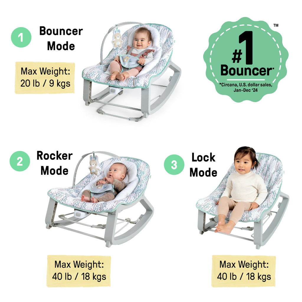 Ingenuity Keep Cozy 3-in-1 Grow with Me Vibrating Baby Bouncer, Seat & Infant to Toddler Rocker, Vibrations & -Toy Bar, 0-30 Months Up to 40 lbs (Weaver)