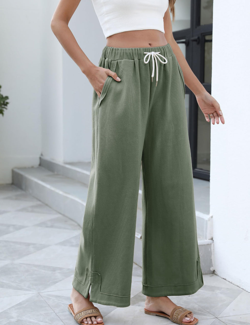 Athlisan Womens Baggy Wide Leg Palazzo Pants Casual Loose Drawstring Elastic Waisted Lounge Trousers with Pockets