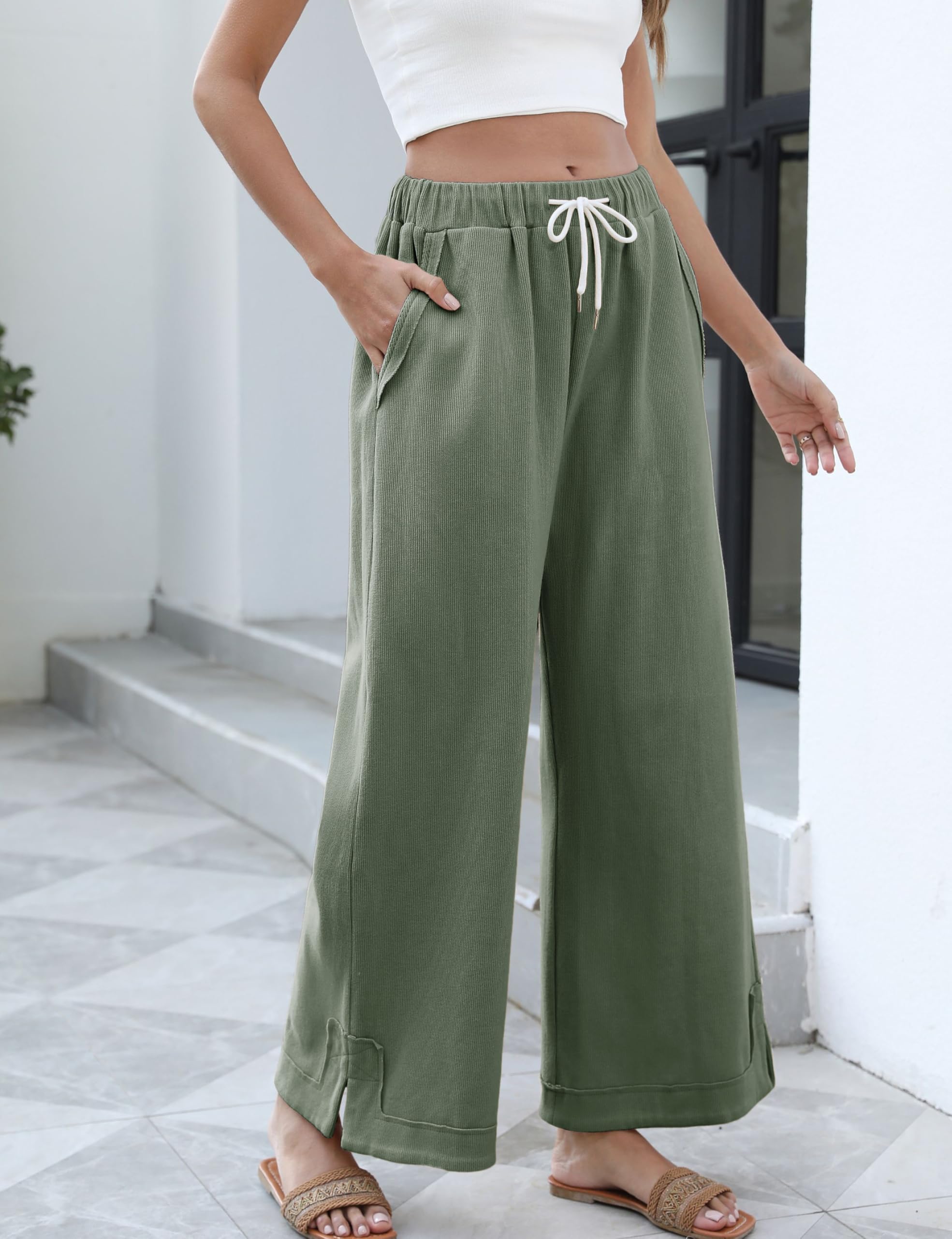 Athlisan Womens Baggy Wide Leg Palazzo Pants Casual Loose Drawstring Elastic Waisted Lounge Trousers with Pockets