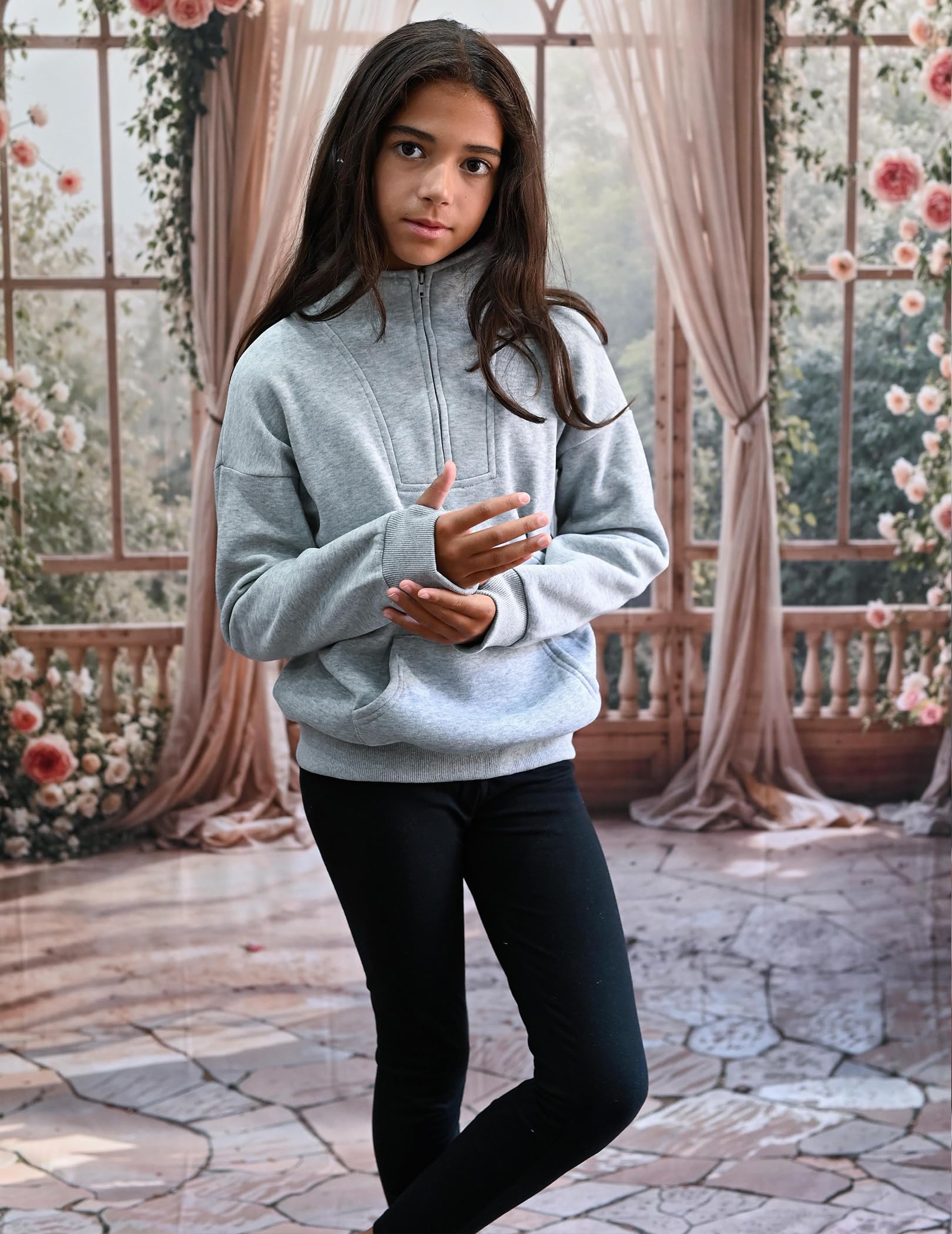 Arshiner Girls Half Zip Sweatshirt Fleece Quarter Zip Pullover Sweatshirts Fall Clothes for Teen Girls Thumb Hole