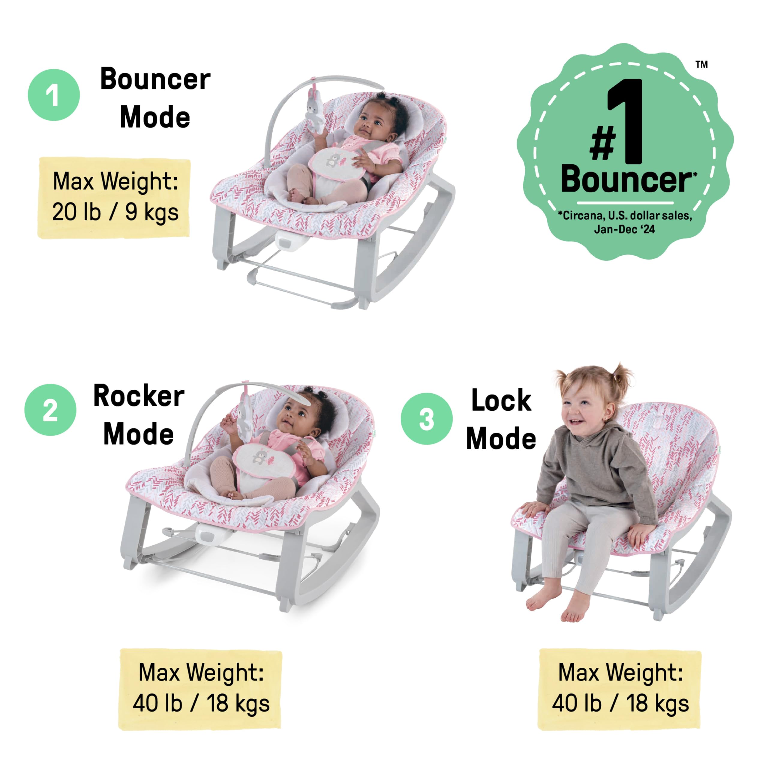 Ingenuity Keep Cozy 3-in-1 Grow with Me Vibrating Baby Bouncer, Seat & Infant to Toddler Rocker, Vibrations & -Toy Bar, 0-30 Months Up to 40 lbs (Weaver)