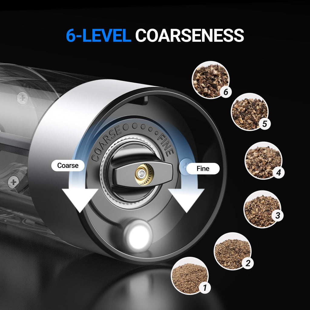 ThermoMaven Upgraded Larger Capacity Electric Salt and Pepper Grinder Set, 110ml Rechargeable Salt and Pepper Shaker with LED light, Stainless Steel Automatic Pepper Mill with 6 Adjustable Coarseness