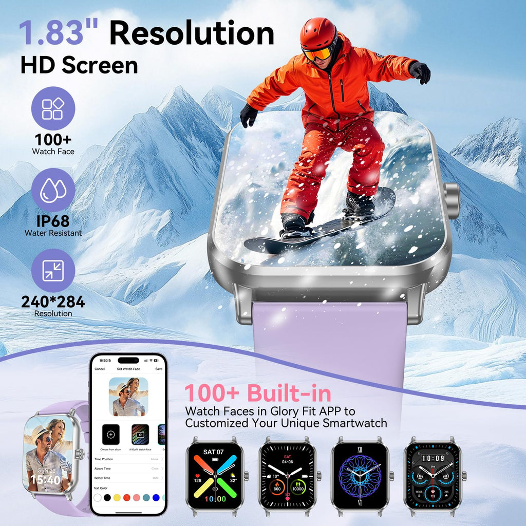 Smart Watch for Men Women, 1.83" HD Touchsreen, Bluetooth Calling, 5 ATM Water-Resistance, 130+ Sports Modes, Health, Fitness & Sleep Tracker, Timer, Fitness Watch for Android/iOS, Purple