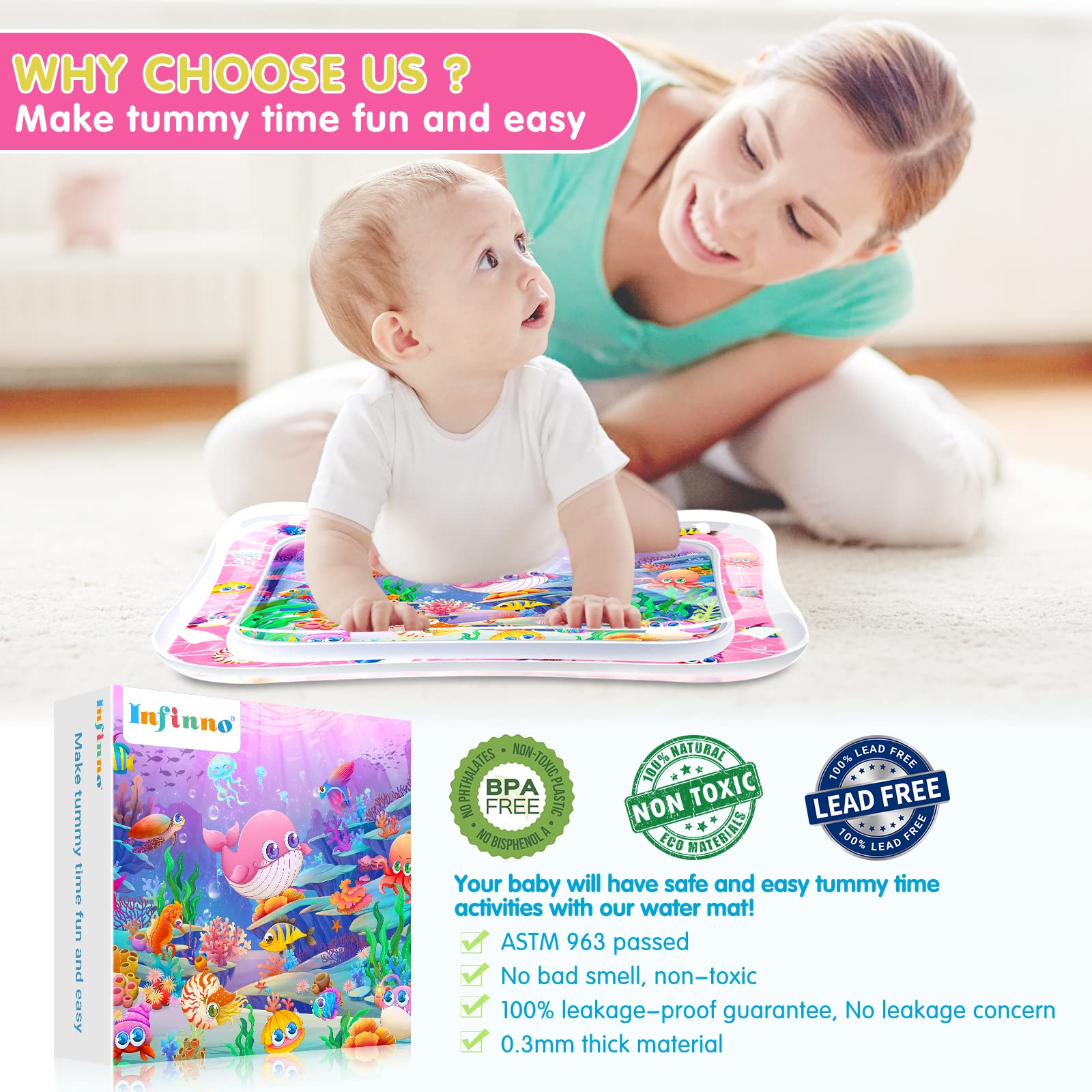 Infinno Tummy Time Mat Premium Baby Water Play Mat for Infants and Toddlers Baby Toys for 3 to 24 Months, Strengthen Your Baby's Muscles, Pink Theme Toys