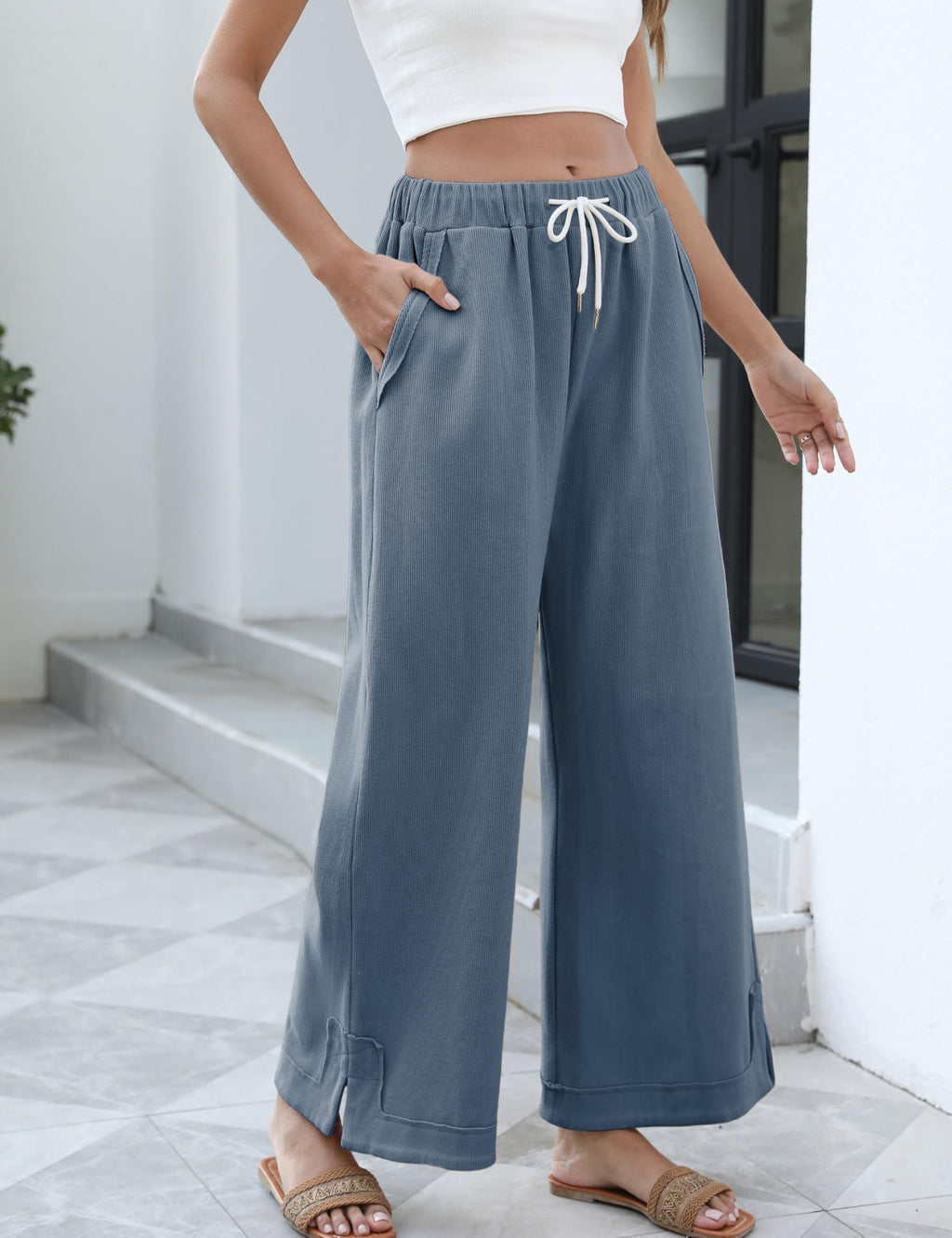 Athlisan Womens Baggy Wide Leg Palazzo Pants Casual Loose Drawstring Elastic Waisted Lounge Trousers with Pockets