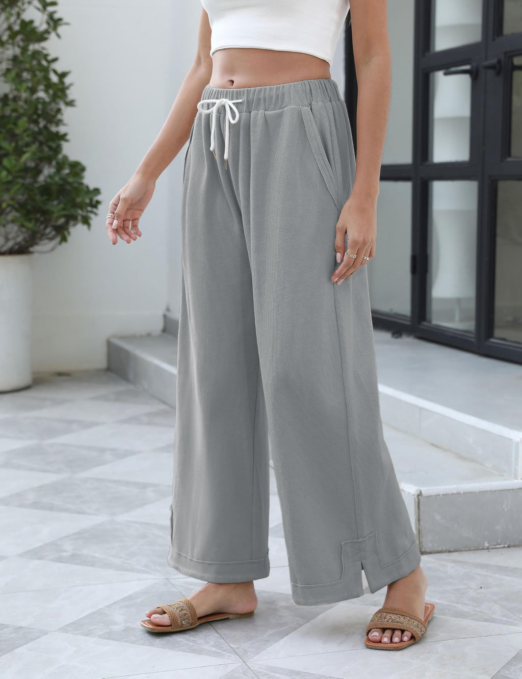 Athlisan Womens Baggy Wide Leg Palazzo Pants Casual Loose Drawstring Elastic Waisted Lounge Trousers with Pockets