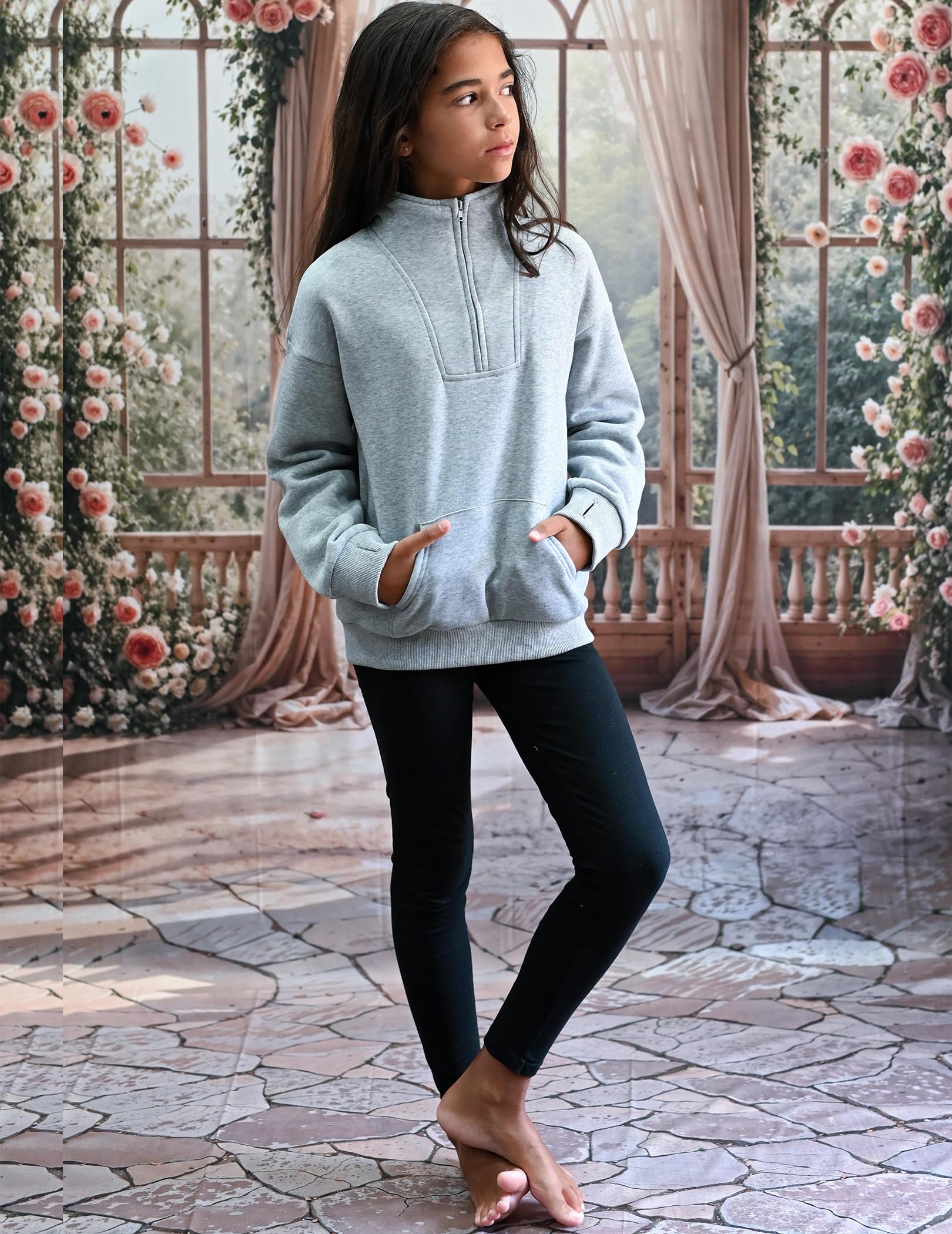 Arshiner Girls Half Zip Sweatshirt Fleece Quarter Zip Pullover Sweatshirts Fall Clothes for Teen Girls Thumb Hole