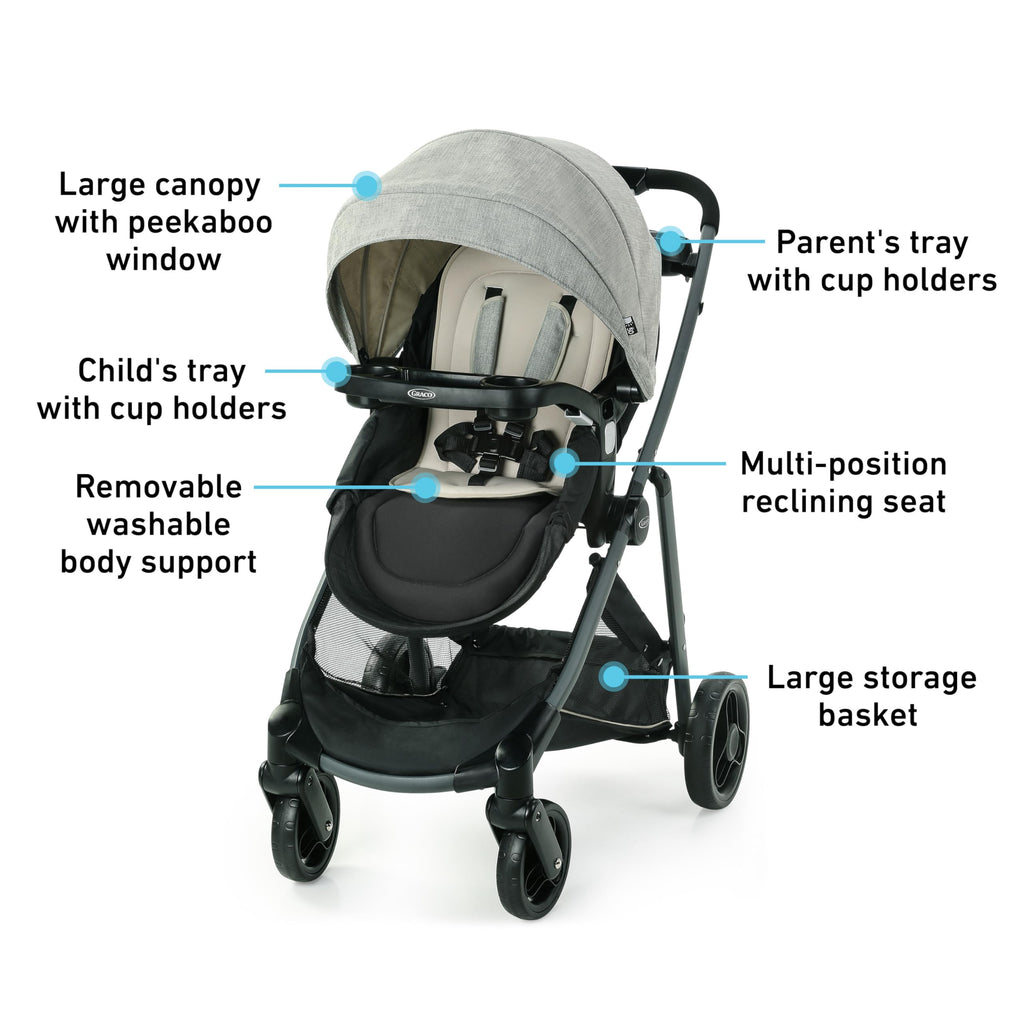 Graco Modes Pramette Travel System, 3-in1 Modular Carseat Stroller Combo, Infant Car Seat Carrier to Toddler Stroller, Includes the SnugRide 35 Car Seat, Ellington