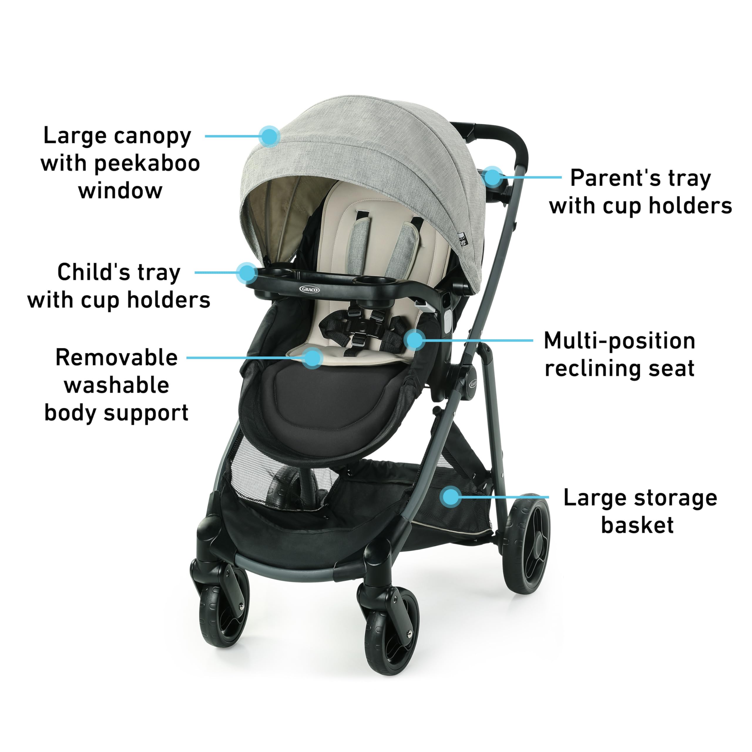 Graco Modes Pramette Travel System, 3-in1 Modular Carseat Stroller Combo, Infant Car Seat Carrier to Toddler Stroller, Includes the SnugRide 35 Car Seat, Ellington