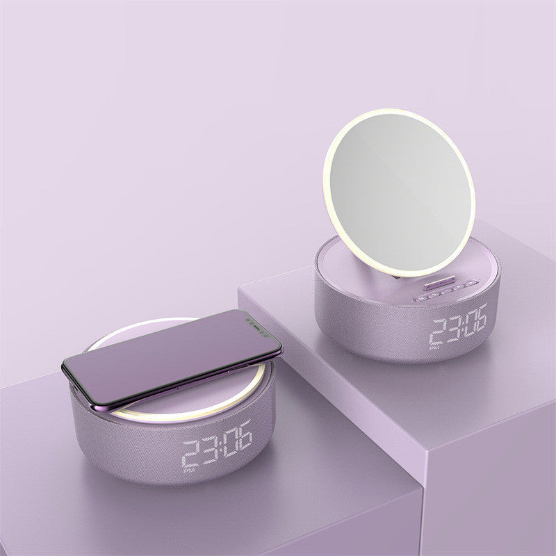 Smart Mirror Alarm Clock – Wireless Charger, Bluetooth Speaker & LED Light