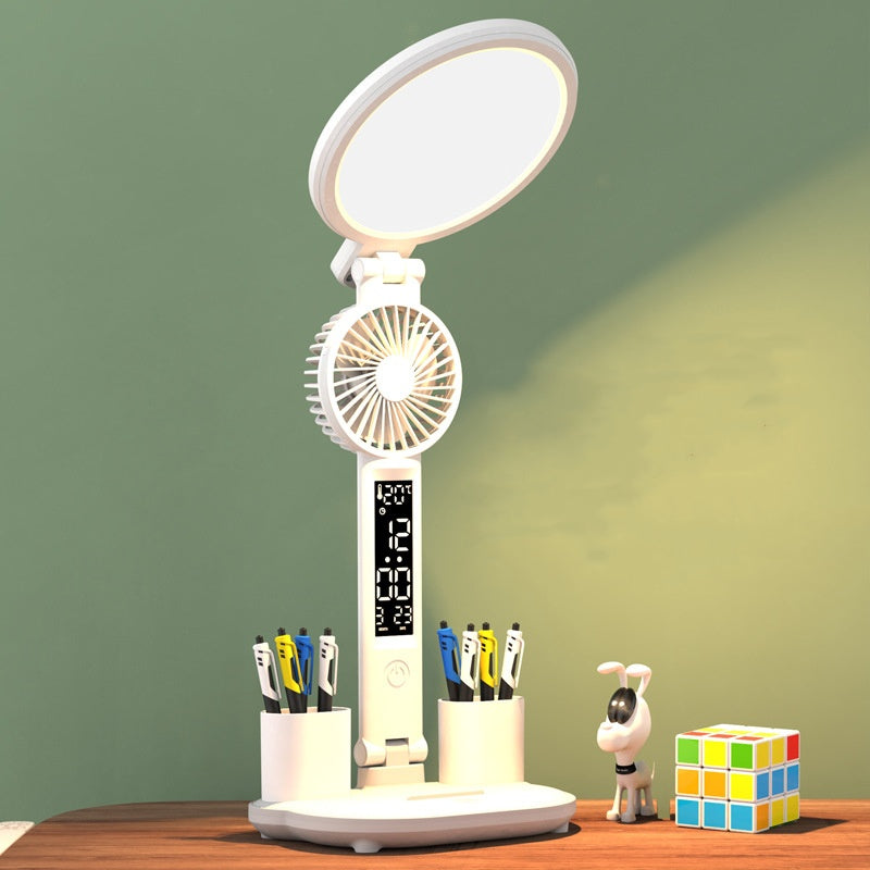 All-in-One LED Desk Lamp – Dimmable Light with Clock, Fan & Foldable Design